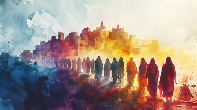 illustration of Judean Ministry of Jesus. Biblical, Christian religious, watercolor style