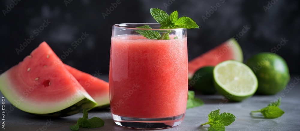 Poster Delicious watermelon and basil drink in a glass on a gray table, with a homemade look, showing splashes. Features slice watermelon and basil leaves as a background for a copy space image.