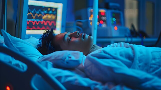 Sleep Study Lab Scene with Subject and Scientists Monitoring Sleep Patterns