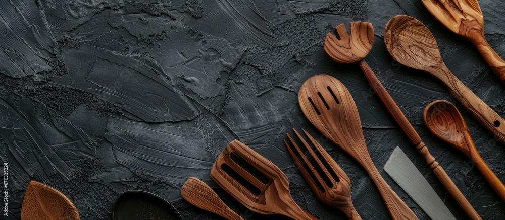 Aufkleber minimal: top-down view of wooden kitchen utensils on a black stone backdrop with ample copy space fo