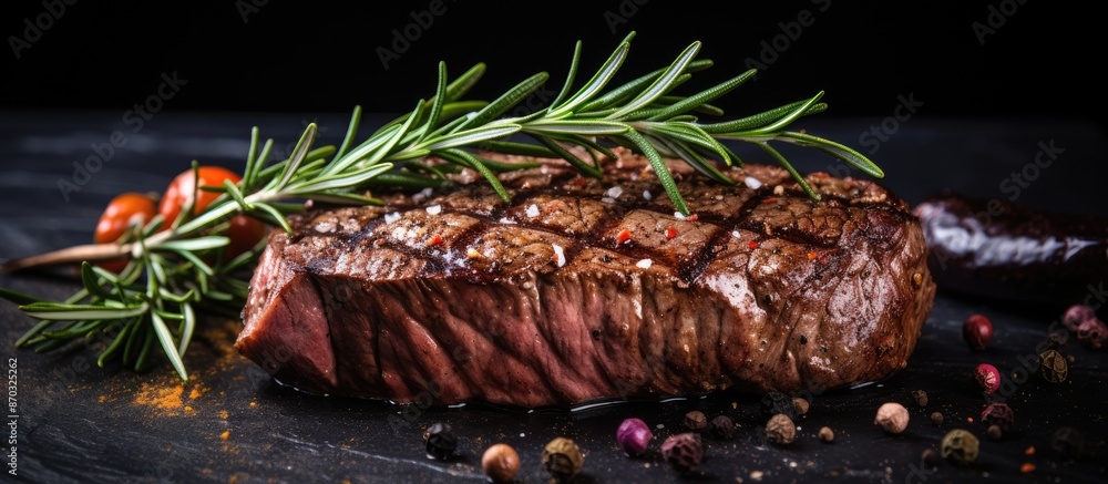 Poster close-up image showcasing a steak with rosemary and spices on a dark rustic background, with ample c