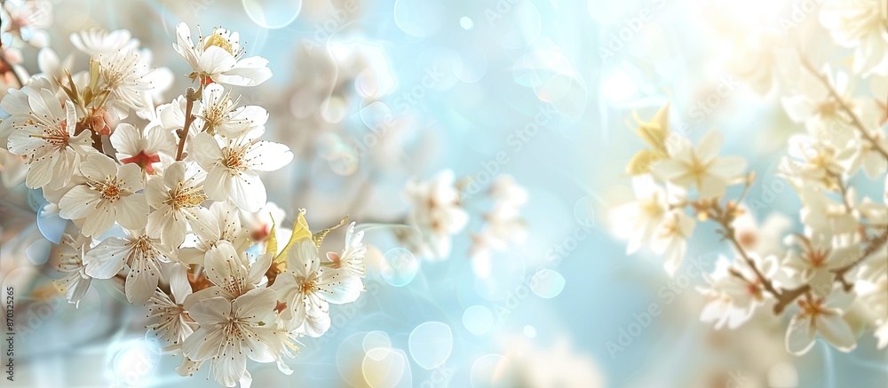 Leinwandbilder spring cherry branches in bloom with a soft focus against a light blue sky, bathed in sunlight, crea