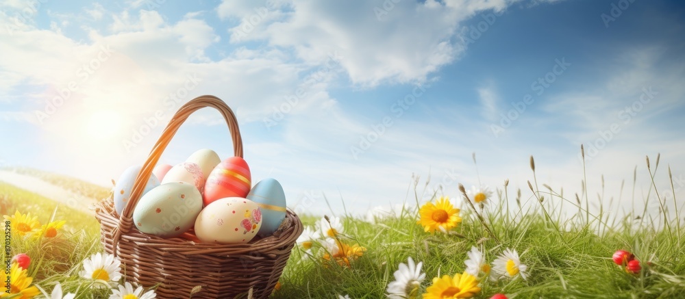 Poster easter greetings with a basket of eggs on sunny spring day - ideal easter-themed backdrop for text w