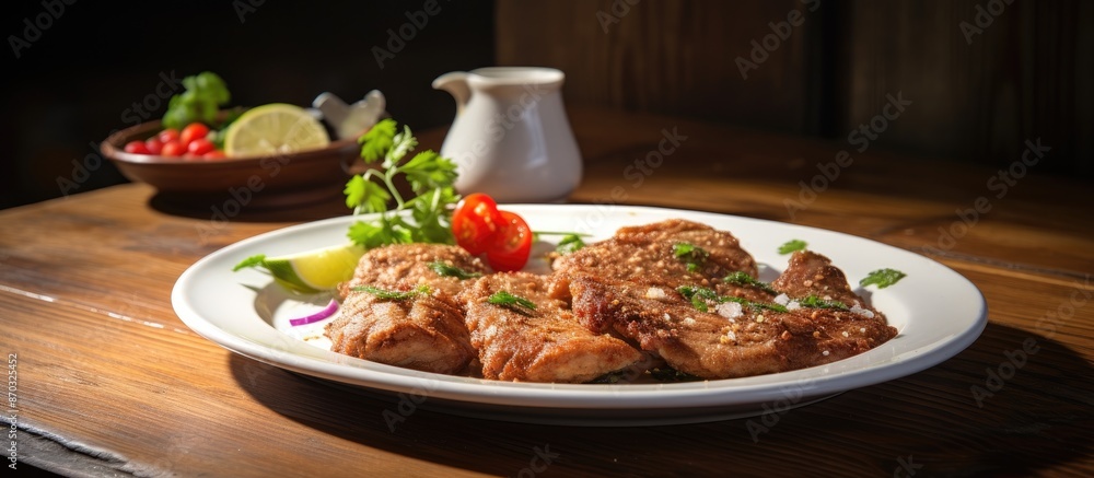 Poster spicy pork and chicken steaks displayed on a white plate on a wooden table with a clear area for add