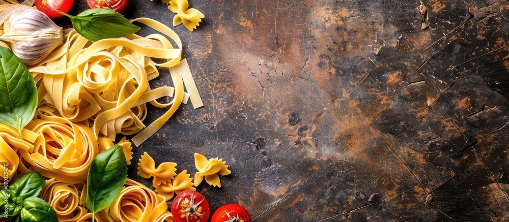 Aufkleber Tagliatelle and assorted pasta rest on a stone and wood backdrop in a composition with ample copy space image.