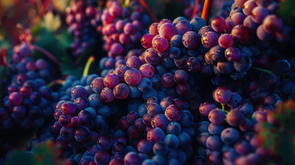 A close-up photograph showcasing ripe, juicy grapes hanging on the vine in a Tuscan vineyard during harvest season