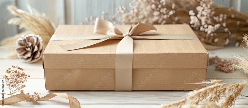 Poster an eco-friendly gift box adorned with a ribbon set against a copy space image.