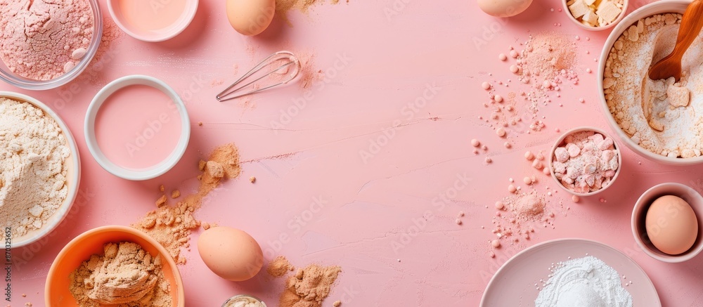 Poster pastel pink background adorned with baking ingredients, ideal for home baking, featuring a designate