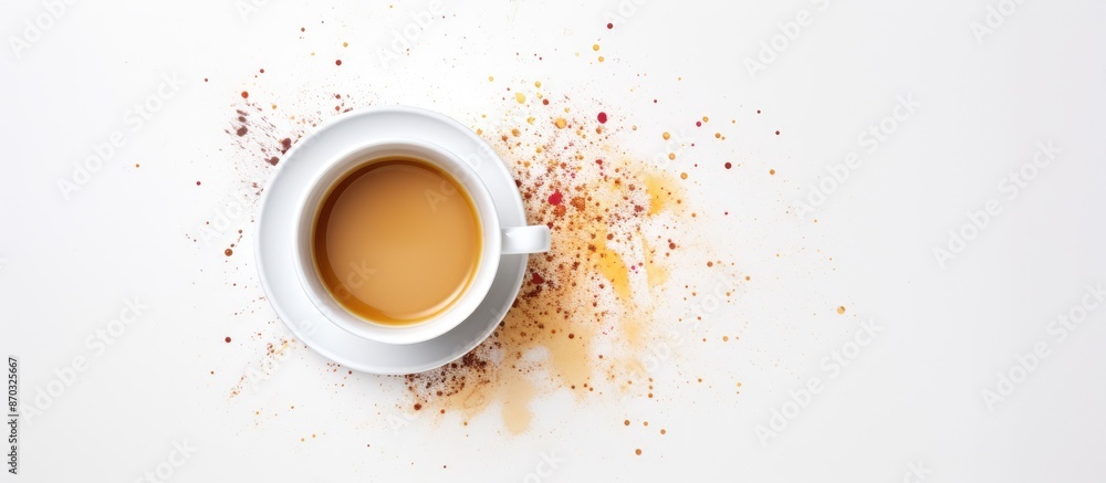 Poster top view of an empty coffee cup, with multiple stains, placed on a saucer against a white backdrop, 