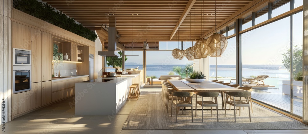 Poster nice dining room of a house by the sea. with copy space image. place for adding text or design