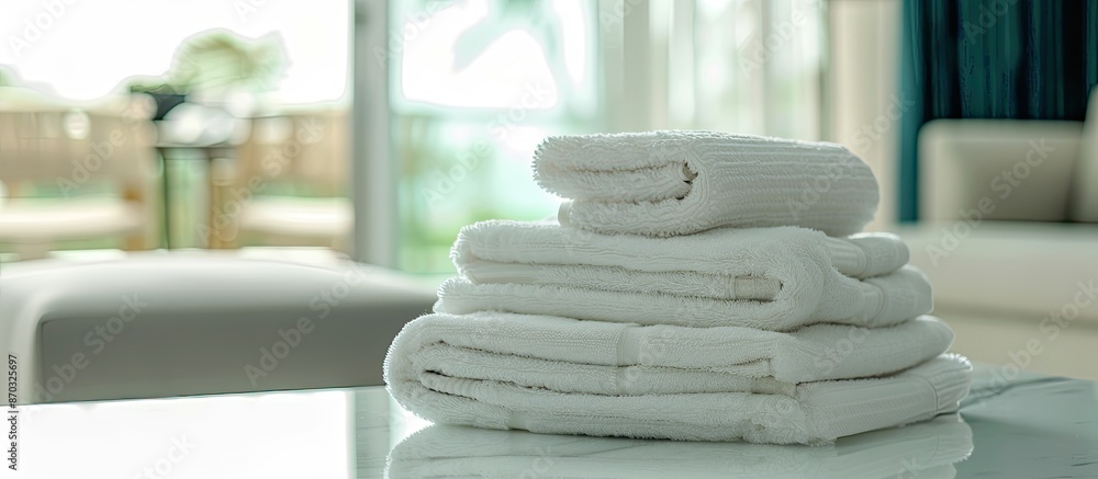 Aufkleber Neatly arranged white towels on a white table against a blurred living room backdrop, ideal for displaying products with copy space image.