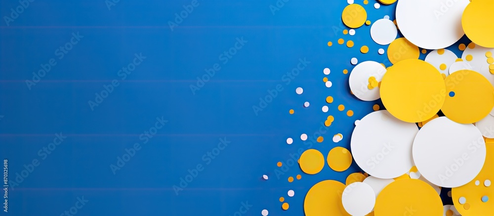 Aufkleber yellow trendy backdrop adorned with scattered white and blue circular paper confetti, creating a fes