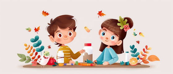 Fototapeta premium Kids creating autumn crafts in flat design for back-to-school project.