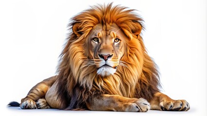 Fototapeta premium Majestic Lion With A Golden Brown Mane Resting On A White Surface