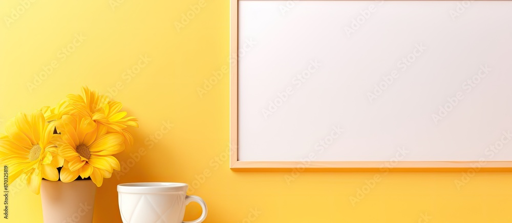 Poster Yellow pastel background with copy space image displaying an empty frame, office supplies, and a flower in a flat lay arrangement.