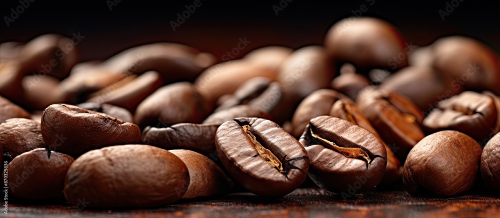 Poster macro photograph of coffee beans with copy space image.