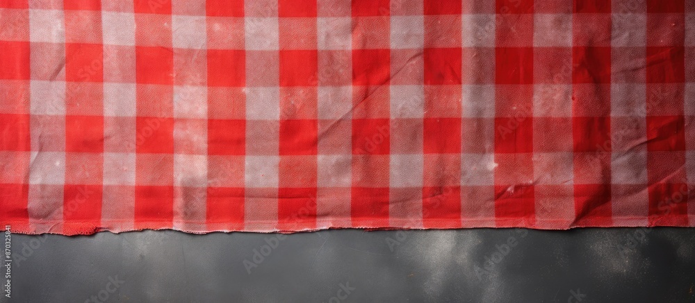 Fototapete checkered kitchen tablecloth showcased from above on a concrete backdrop, perfect for adding text or