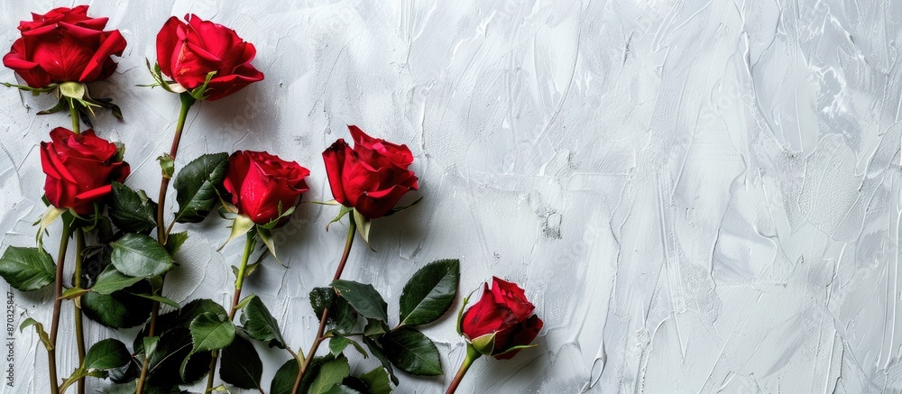 Poster Red roses on a white backdrop with a Valentine's Day theme, suitable for adding text or images; includes copy space image.