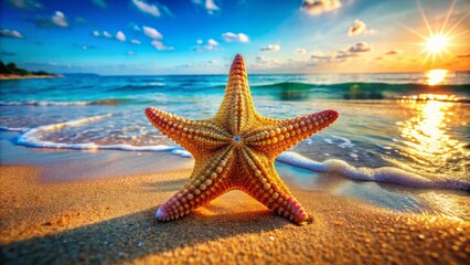 Fototapeta na wymiar Amazing Close-Up Of A Starfish On A Beautiful Beach With The Sun Setting In The Background.