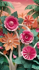 Paper craft flower decoration flowers and leaves made of paper tropics pink background