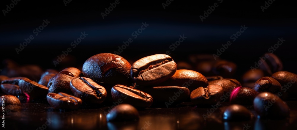 Poster Neon light highlights a close-up of a roasted coffee bean with space for text or images. with copy space image. Place for adding text or design