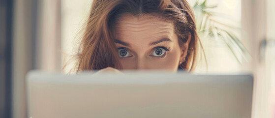 young professional business blonde woman with surprised shock facial expression while looking at on front laptop computer screen display and office background