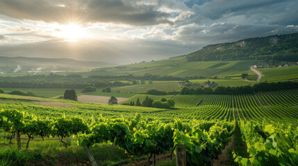 Fototapeta premium A picturesque view of rolling hills covered in vineyards in the Burgundy region of France. The sun shines brightly, illuminating the lush greenery