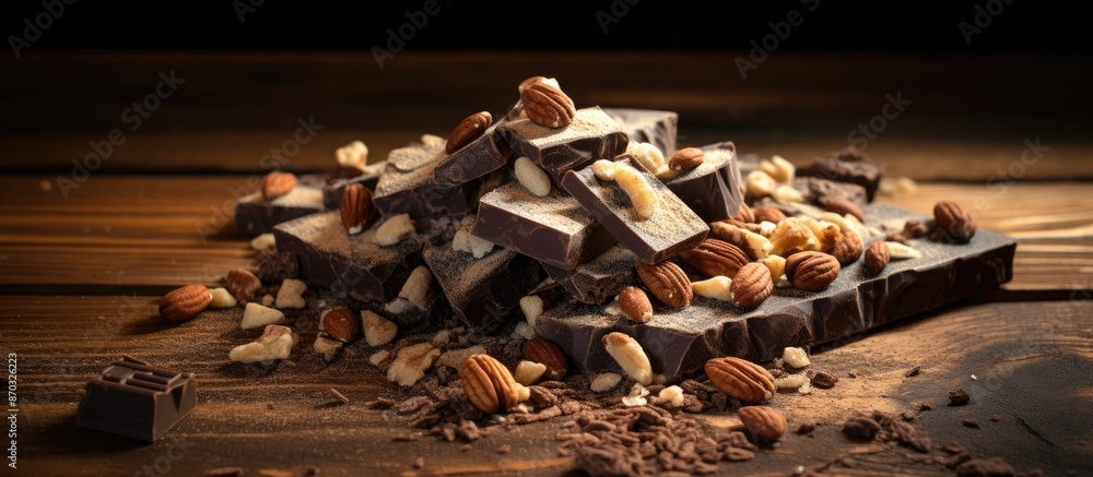 Poster crumbled swiss chocolate chunks with nuts on a wooden backdrop, ideal for text. copy space image.