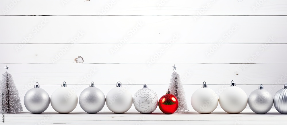 Poster christmas decorations arranged on a white wooden surface for a festive look, with ample space for te