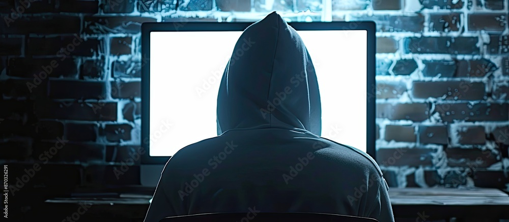 Poster Hooded man in front of computer with a blank screen, hacking online server. He is programming malicious software, cracking passwords, while gazing at the white display space image at night