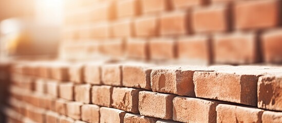 Obraz premium Foreground-focused side view of a brick wall at a construction site with a clear area for text or image placement, known as copy space image.