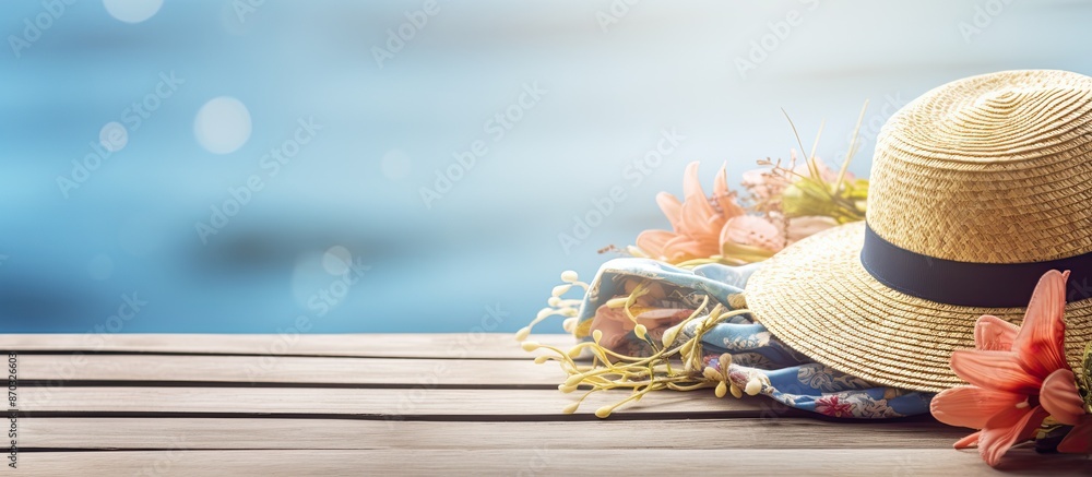 Aufkleber Close up view of summer accessories displayed on a wooden table with copy space image.