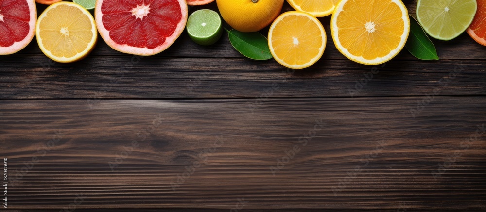 Poster citrus fruits sliced on a wooden surface, creating an appealing display with copy space image.