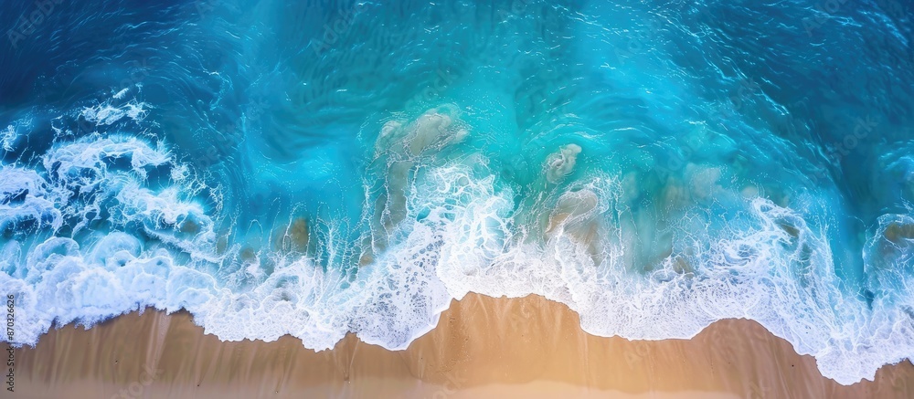 Poster aerial perspective captures ocean wave crashing against beach with prominent copy space image.