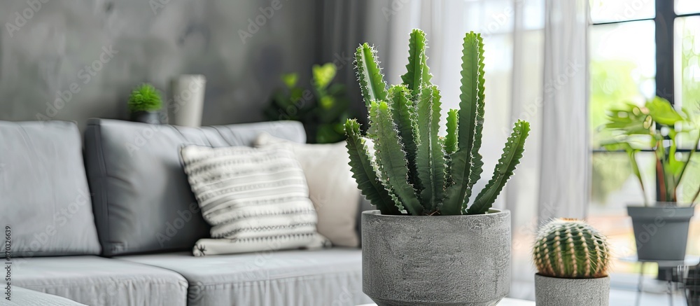 Poster green cactus in living room, closeup. with copy space image. place for adding text or design