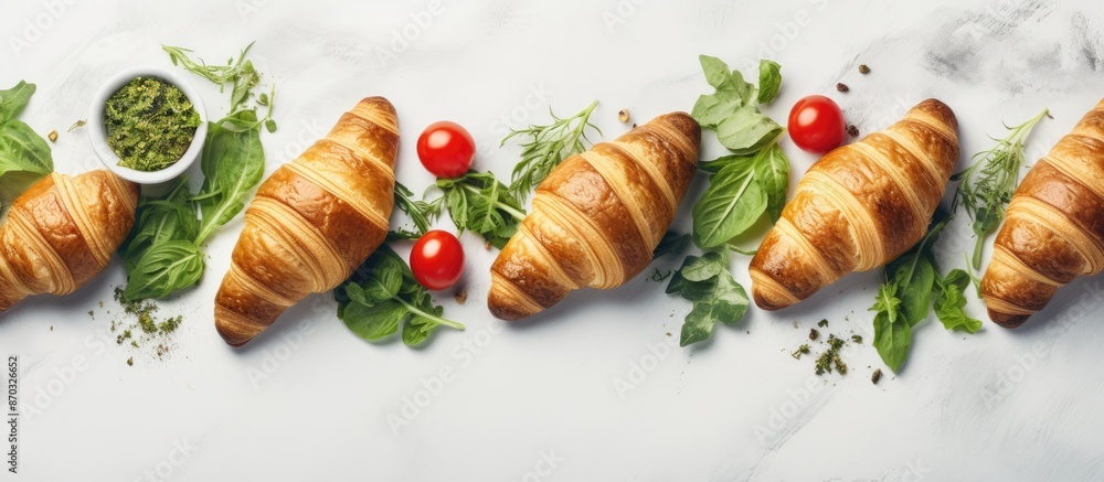 Aufkleber Top view of a selection of croissants topped with tomatoes, cheese, and pesto, garnished with arugula on a white stone surface with space for adding text or images. with copy space image