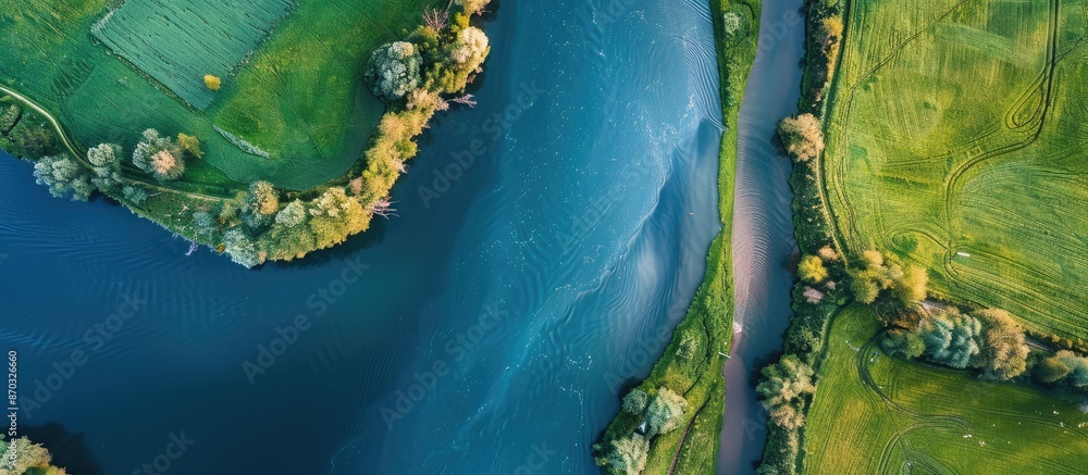 Poster aerial view of the riverbank with a map, captured by a drone for copy space image.