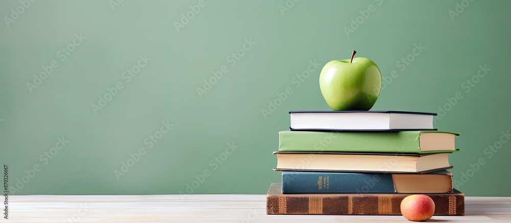 Poster green apple and stack of books displayed with white copy space image.