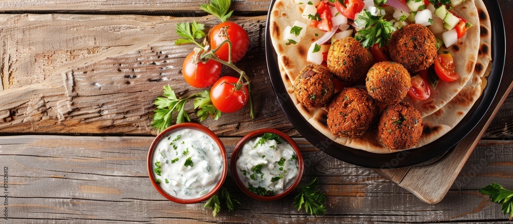 Poster Plate of falafel with pita bread and tzatziki sauce on wooden table. View from above. Copy space image. Place for adding text or design