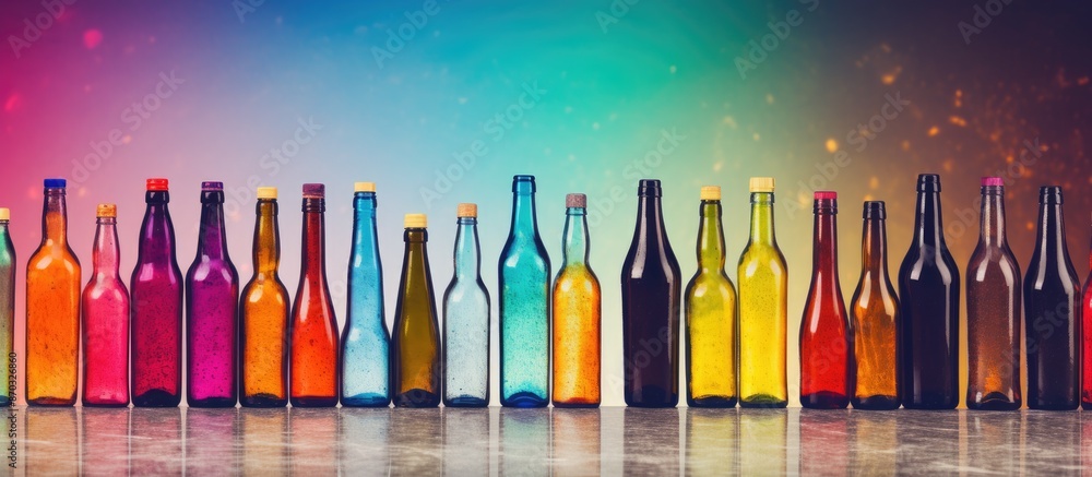 Poster colorful background against a collage of diverse blank bottles with copy space image.