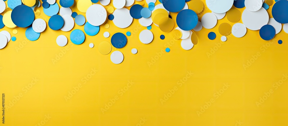 Poster Yellow trendy backdrop adorned with scattered white and blue circular paper confetti, creating a festive atmosphere with ample copy space for images.
