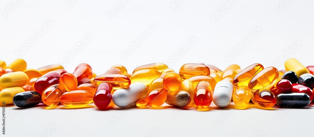 Poster Close-up of various vitamins and supplements arranged on a white background to emphasize the available copy space image.