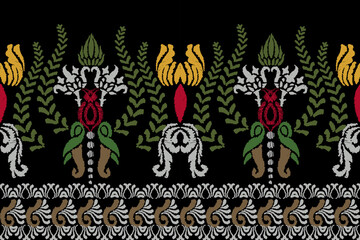 Ikat floral paisley embroidery on black background. Traditional ethnic ikat, aztec abstract vector pattern, seamless pattern in tribal, folk embroidery and mexican style.