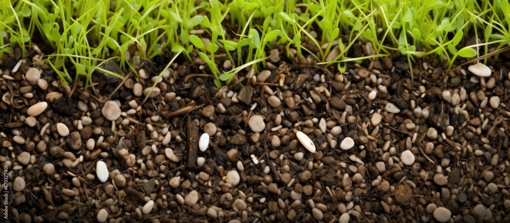 Poster Close-up image of a reseeded lawn with new grass sprouting, featuring a blend of seeds and pebbles, suitable for copy space image