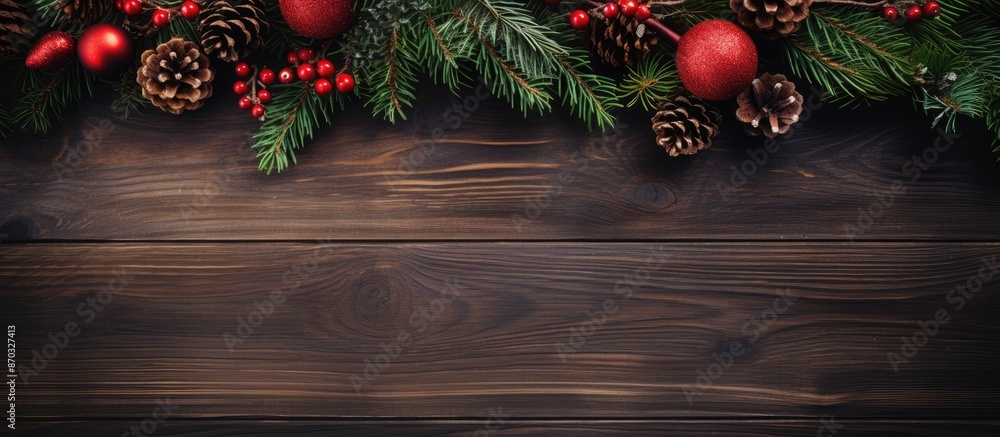 Poster top view of a festive dark wooden background adorned with christmas and new year decorations includi