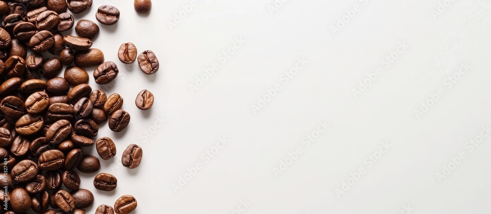 Aufkleber Top-down view of coffee beans creating a border on a white background, offering space for text. Ideal for a flat lay composition with a copy space image.