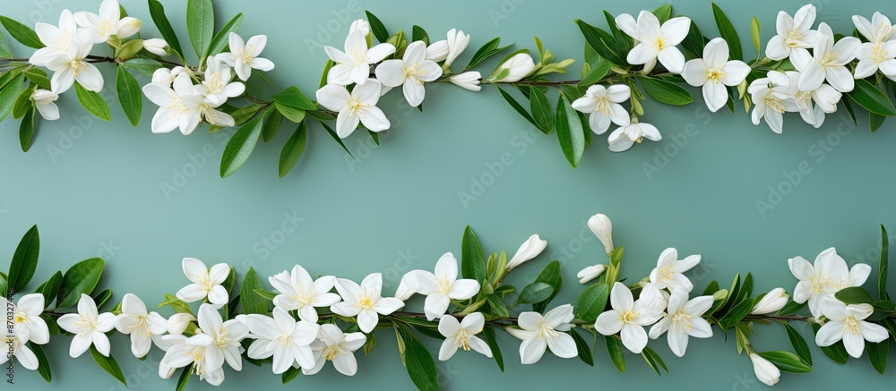 Poster top view of delicate white jasmine flowers arranged in a pattern with space for text in a flat lay c