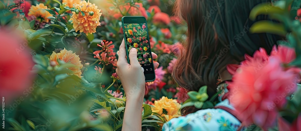Poster a girl is capturing a photo of flowers on her phone, creating a mobile photography image with copy s