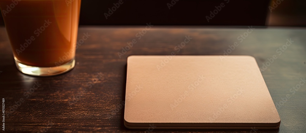 Poster beverage coaster in light brown shade placed on a dark brown table creating copy space image.