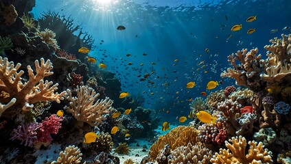 Naklejka premium A vibrant coral reef bustling with life beneath crystal-clear waters ai_generated